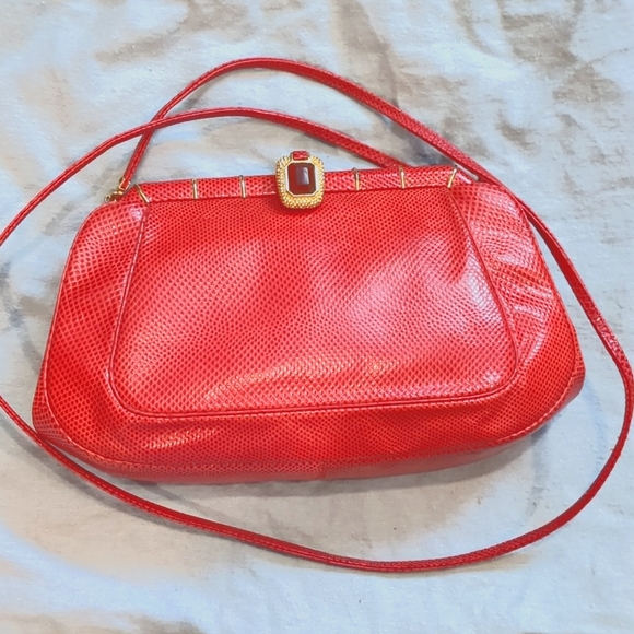 Judith Leiber Evening Bag in Red Karung Snakeskin with Pocket Mirror - Picture 7 of 10